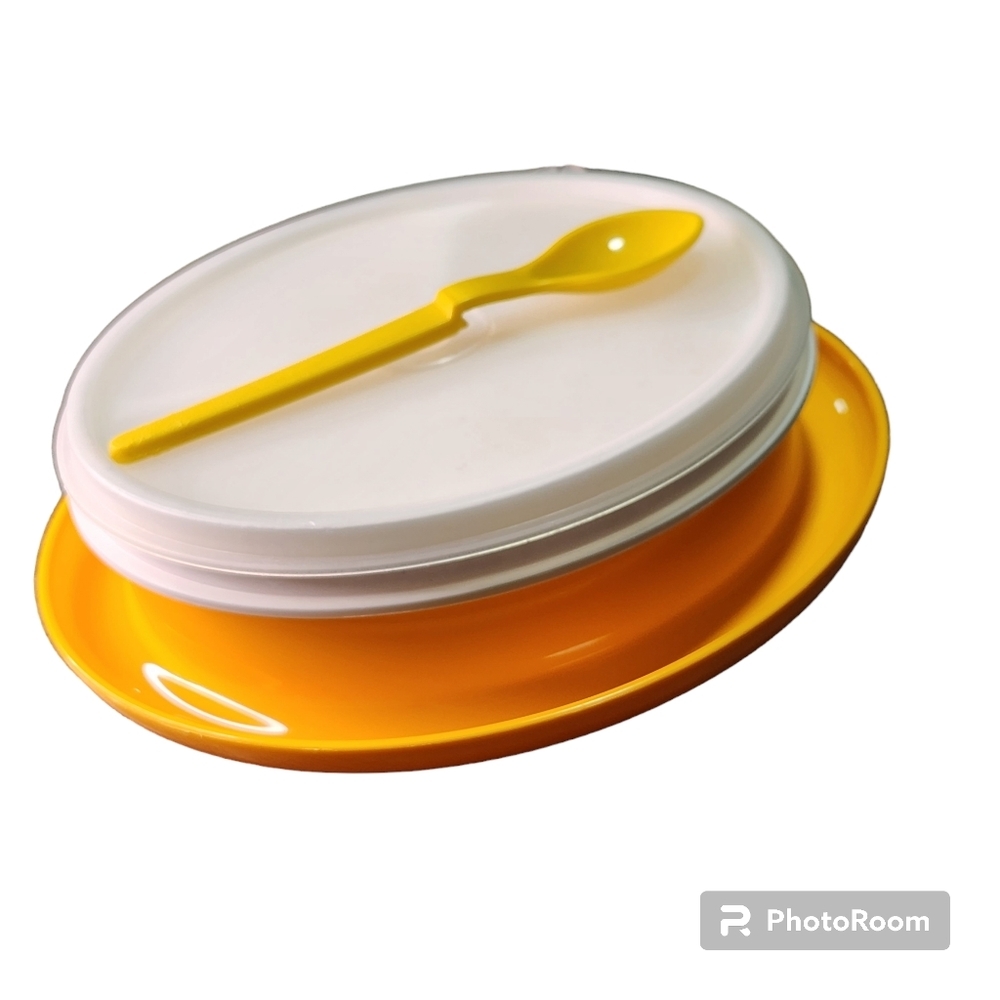 Tupperware Little Dinner kid Multiuse 3 Compartment Warming Plate Bowl Lid Spoon